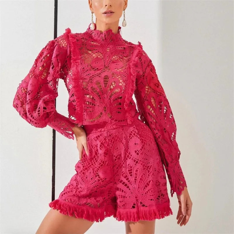 Retro Court Style Casual Solid Two-piece Suit 2023 Summer Fashion Design Hollow Shirt + High Waist Shorts Biker Shorts Sets