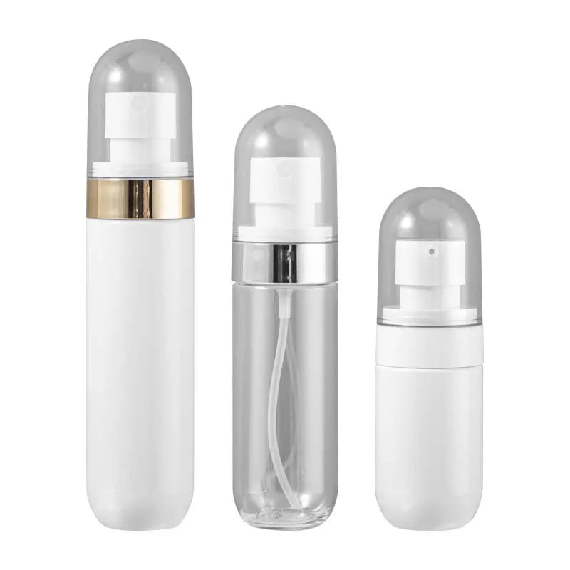 Stocks WHITE and clear PET Flat Top Plastic Bottle 40ml 60ml 80ml  Fine Mist Capsule Shape Spray Bottle and Lotion Pump Bottle