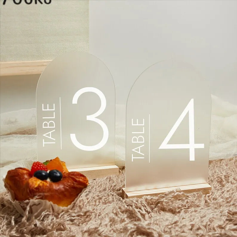 Frosted Wedding Arch Acrylic Table Number Holder With Wood Place Cards Stand Signage CUSTOM Engraved Wooden Stand Table Decor