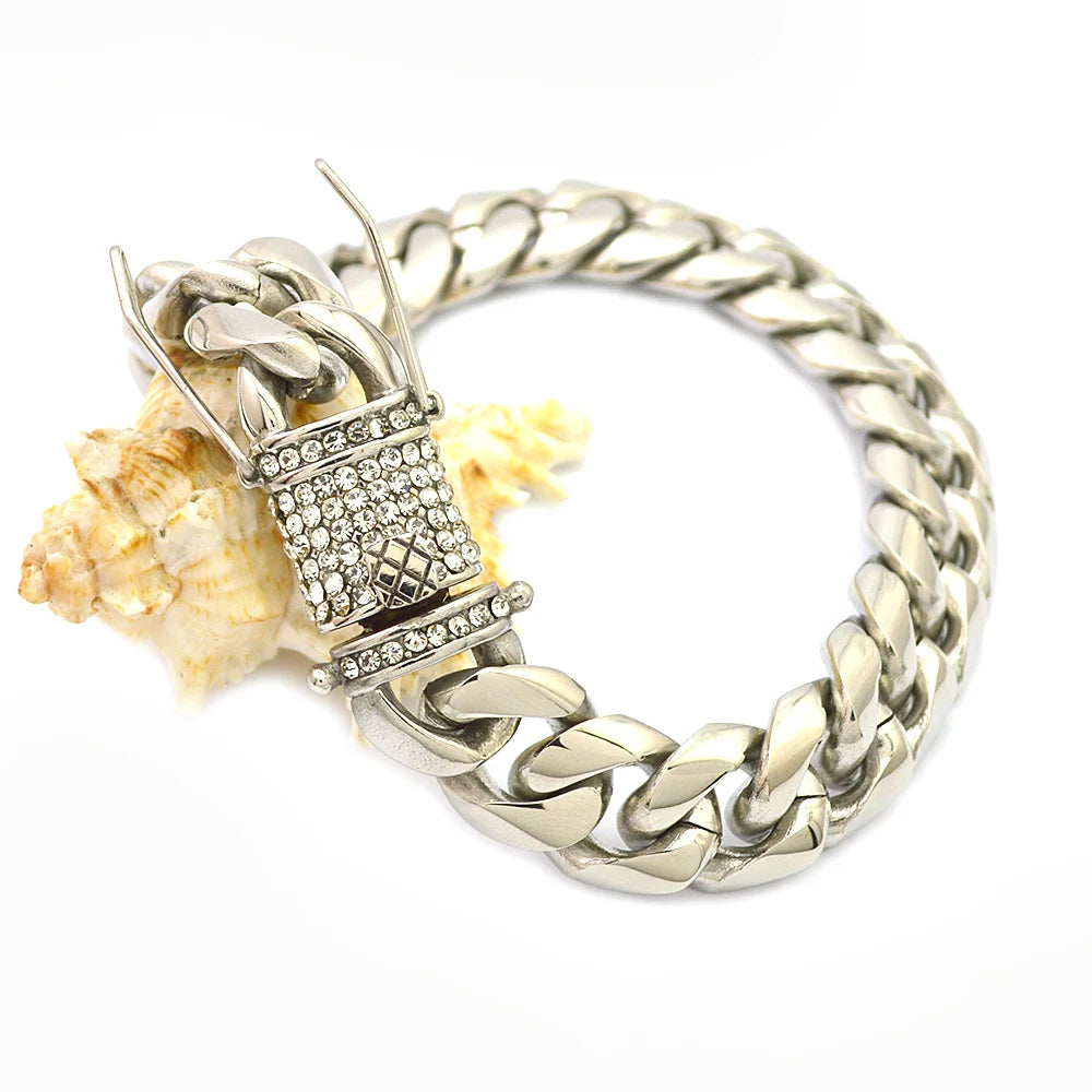 14mm 24K Solid Gold Plated No Fade Cuban Chain Bracelet Stainless Steel Iced Out Hip Hop Bracelet