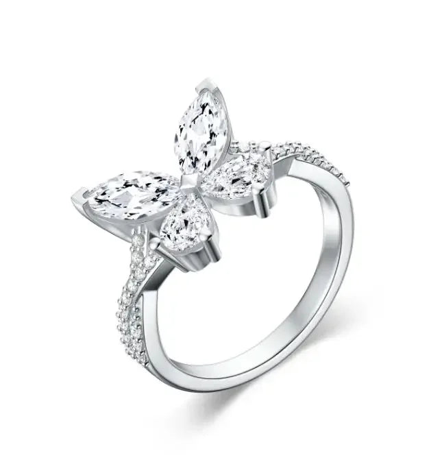 925 Sterling Silver Rhodium Plated Prong Setting Cubic Zircon Butterfly Ring for Women