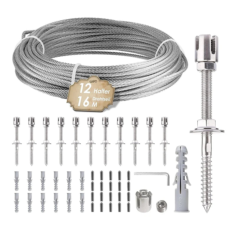 Stainless Steel Wire Cable Trellis System Kit for Climbing Plants Vines and Green Wall With Wall Brackets 12 Holders 16m Rope St