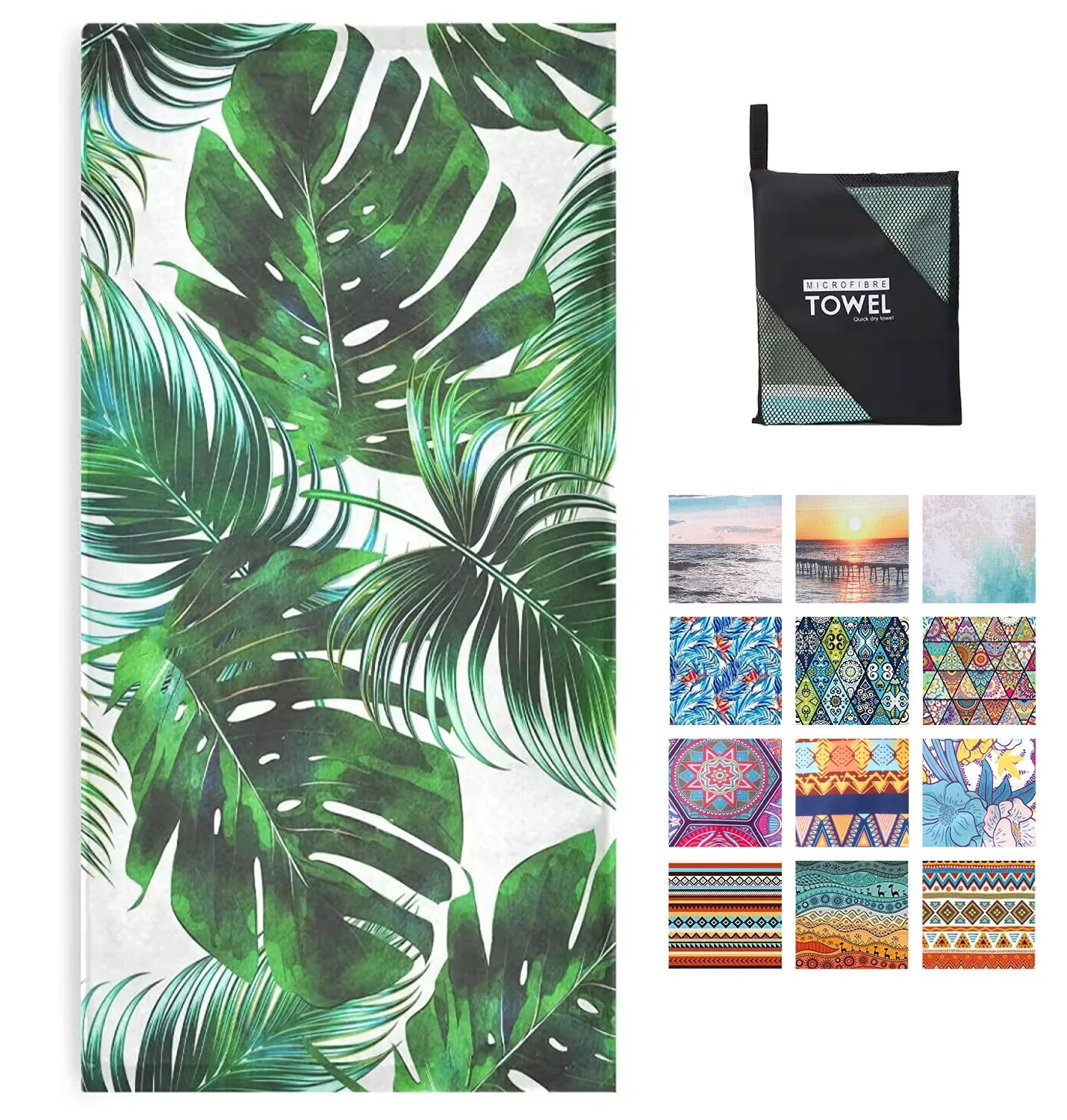 Custom Made Logo Private Label Digital Printing Sublimated Green Leaf Design Microfiber Beach Towels