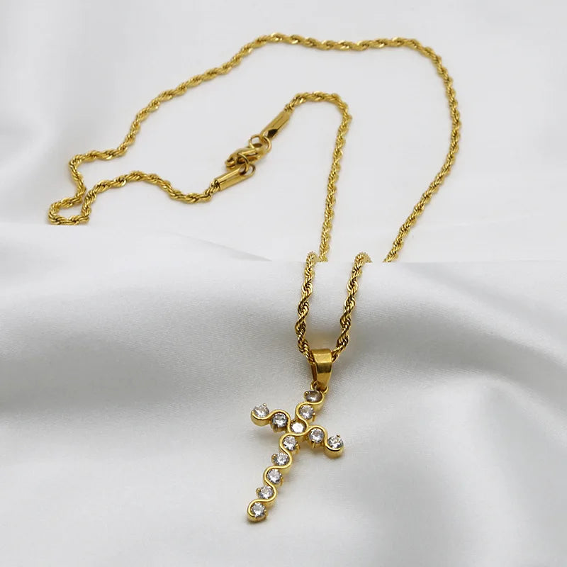 High Quality Vintage Jewelry Waterproof Gold Plated Stainless Steel Chokers Necklace Simple Full Zircon Cross Pendant Necklace