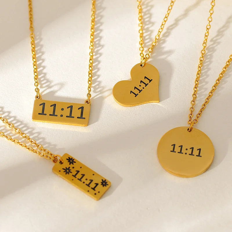 Non Tarnish 18K Gold 11:11 Angel Number Necklace for Women Girls Fashion 1111 Engraved Square Bar Coin Heart Pendant Necklace