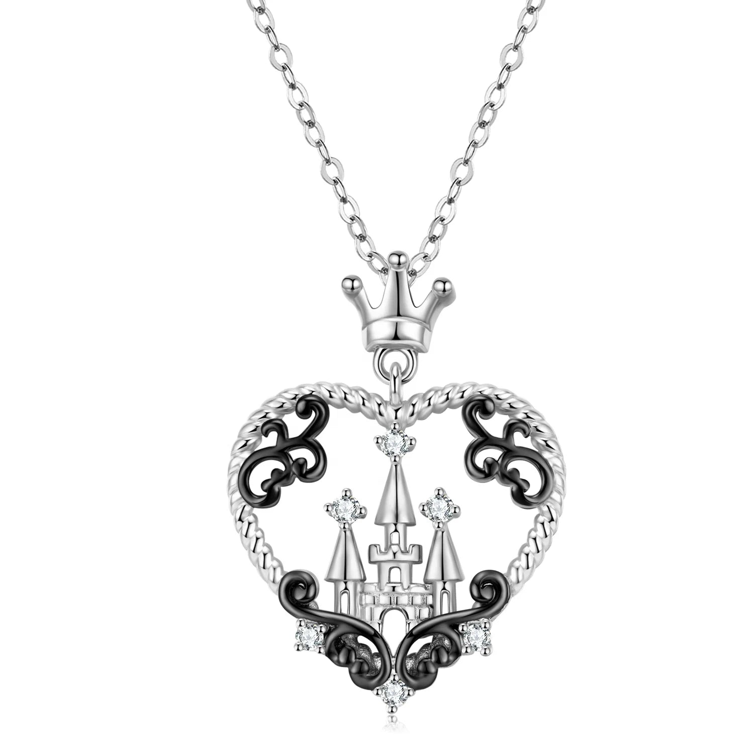 Crown Castle Heart Shape Pendant Necklace Authentic 925 Sterling Silver Beads for Women Men Fine Jewelry White Gold Plated