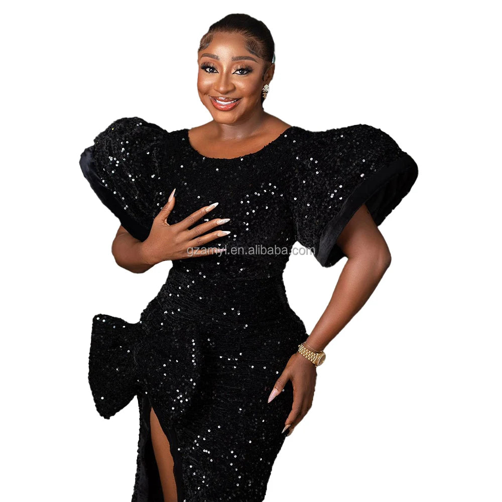 New African Sequin Dress High Slit African Dress Puff Sleeves African Party Dress