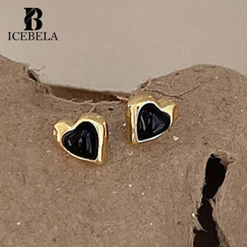 ICEBELA Wholesale S925 Sterling Silver Black Agate Heart Shape Stud Earrings 18K Gold Plated Fine Jewelry Earrings for Girls