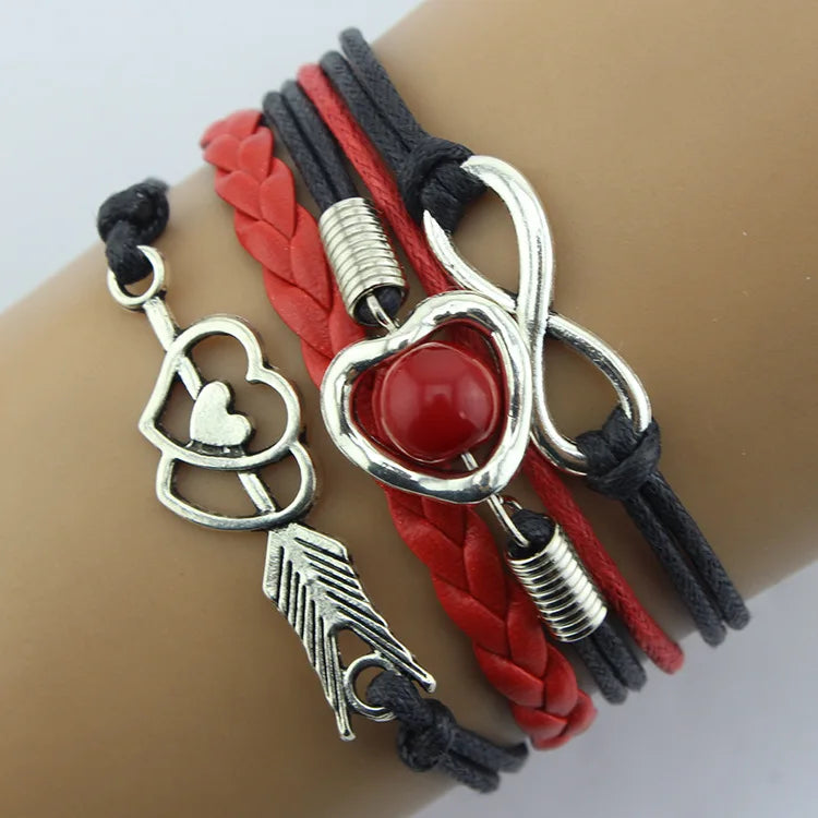 AA00273 Fashion Handmade Infinity Cute Heart Friend Charm Gift Multilayer Leather Bracelet  Jewelry for Women