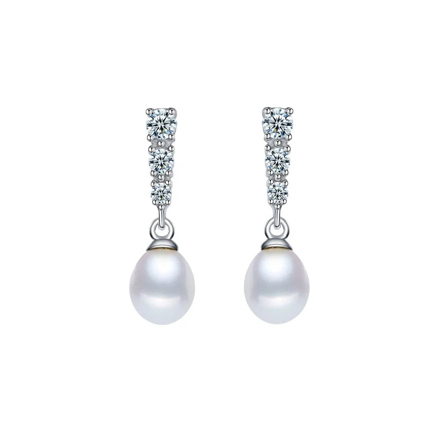 High Quality Zirconias Dangle Pear Stud 925 Fresh Water Pearl Earrings Sterling Silver for Girl
