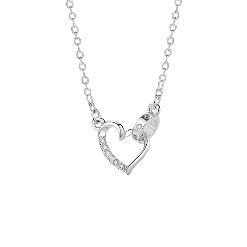 Solid 925 Sterling Silver Interlocking Hearts Pendant Necklace Enhanced Zircon Stone Classic for Mother's Day Wedding Party