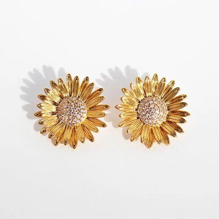2023 New Arrival Wholesale Fashion Jewelry Retro Gold Full Diamond Sunflower Earrings Real Gold Flower Zirconia Stud Earrings