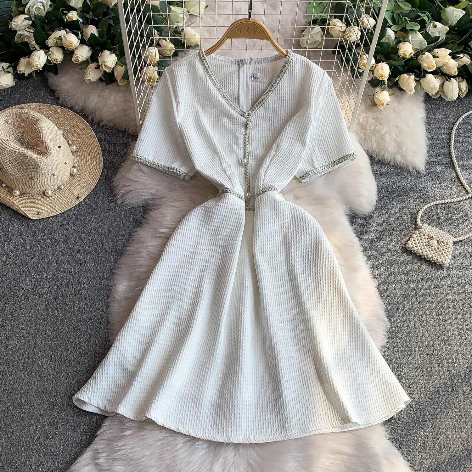 Women's White Summer Pearl Button Short Sleeve Fitted V-Neck Knitted Dress