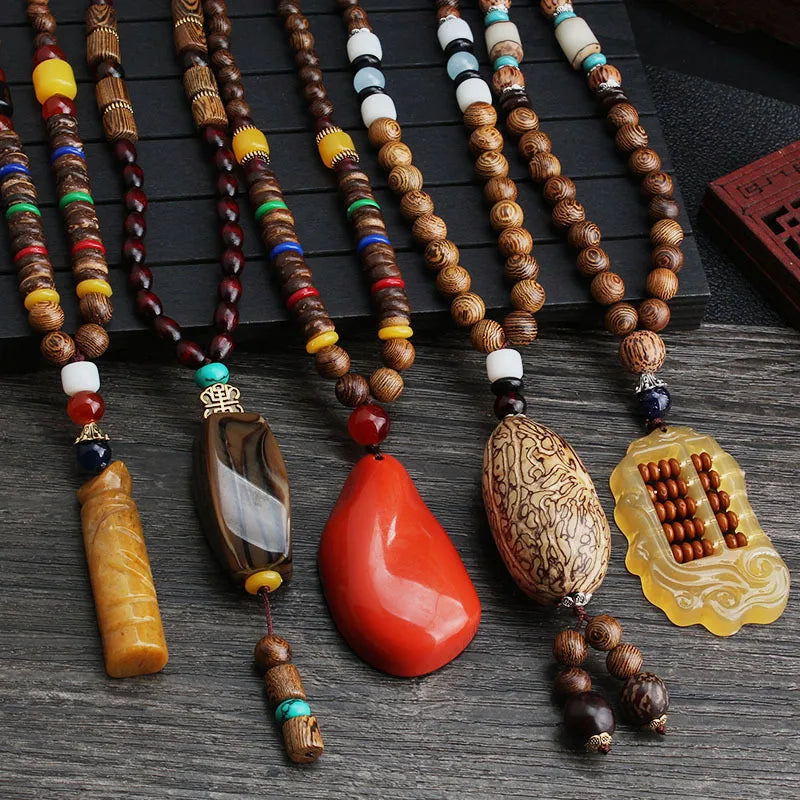 Chinese Handmade Retro Ethnic Long Wood Beads Necklace Colorful Bead Pendant with Gold Plating for Sweaters