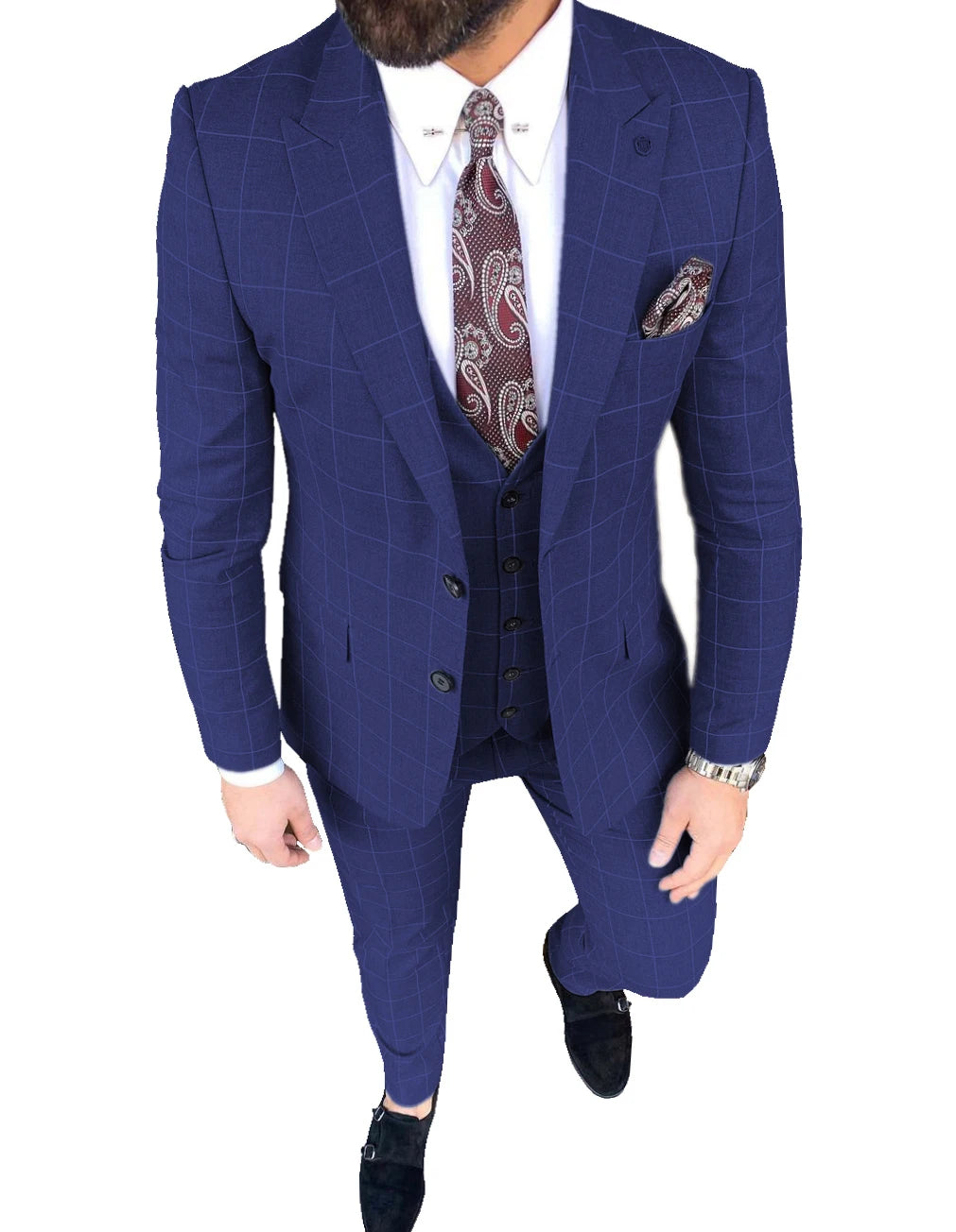 Formal Men's Suits Regular Fit Plaid Prom Tuxedos Solid Business Black Navy Suits for Wedding Grooms Best Man