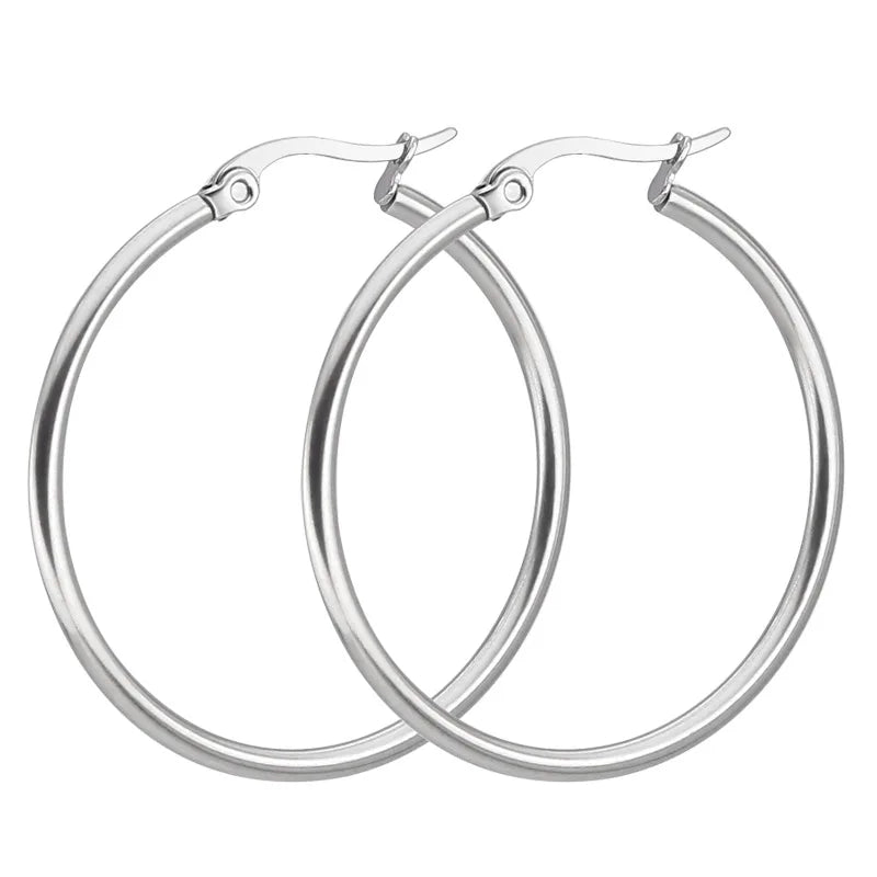 New Arrival Women's Silver Stainless Steel Hoop Earring Statement Design Big round Circle Trendy Geometric Pattern