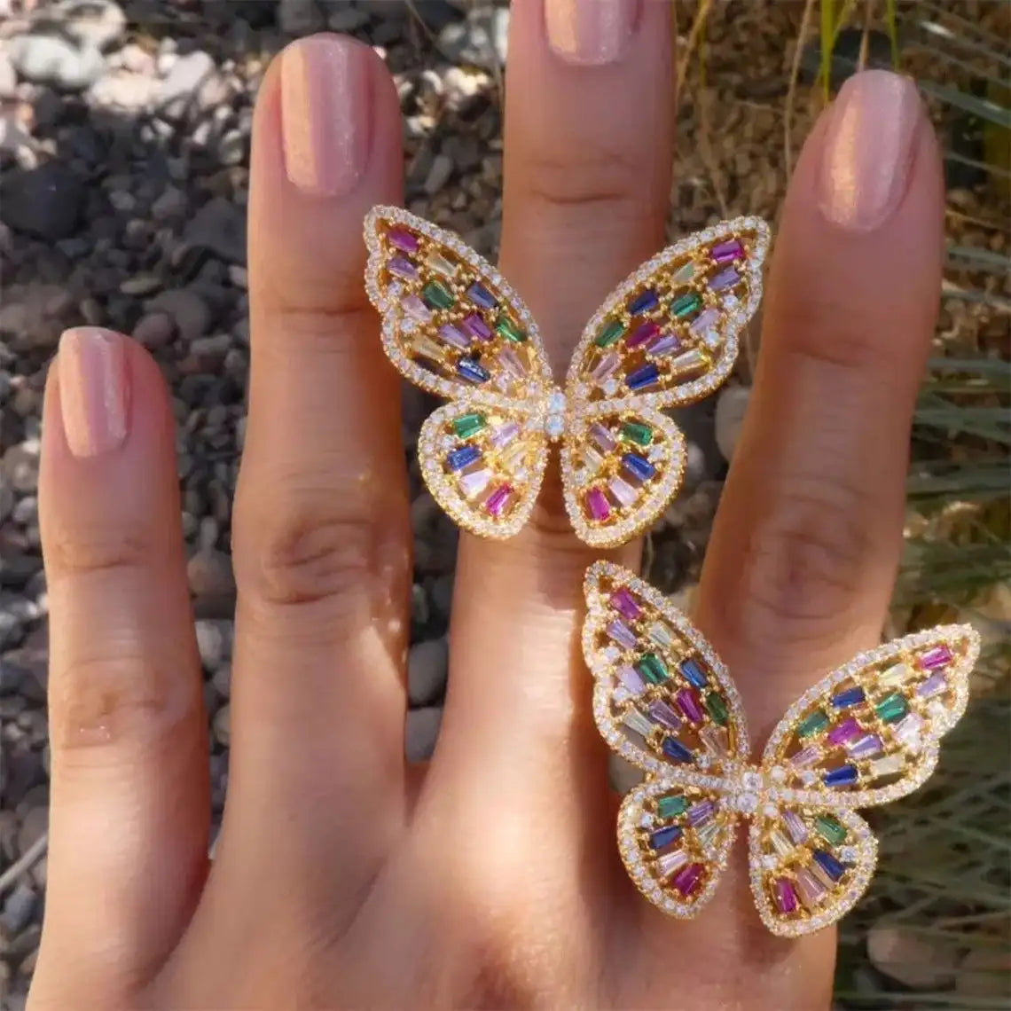 Luxury Crystal Adjustable Statement Butterfly Finger Rings Silver Gold Plated Earring Rose Gold butterfly Bracelet