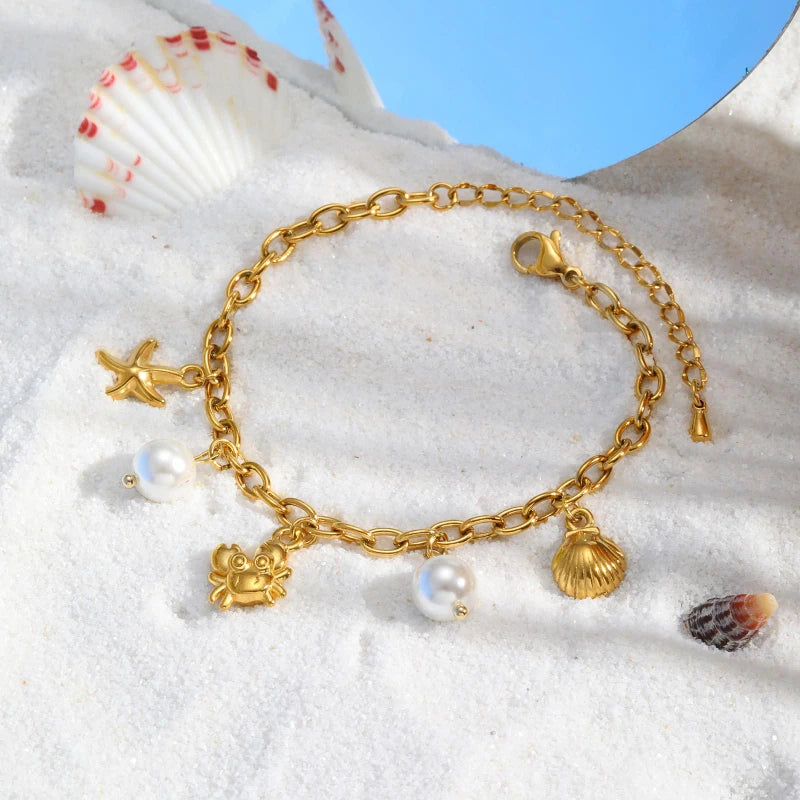 X184 Wholesale Fashion Stainless Steel Summer Ocean Style Charm Bracelet Gold Plated Pearls Shell Starfish Pendant Bracelet