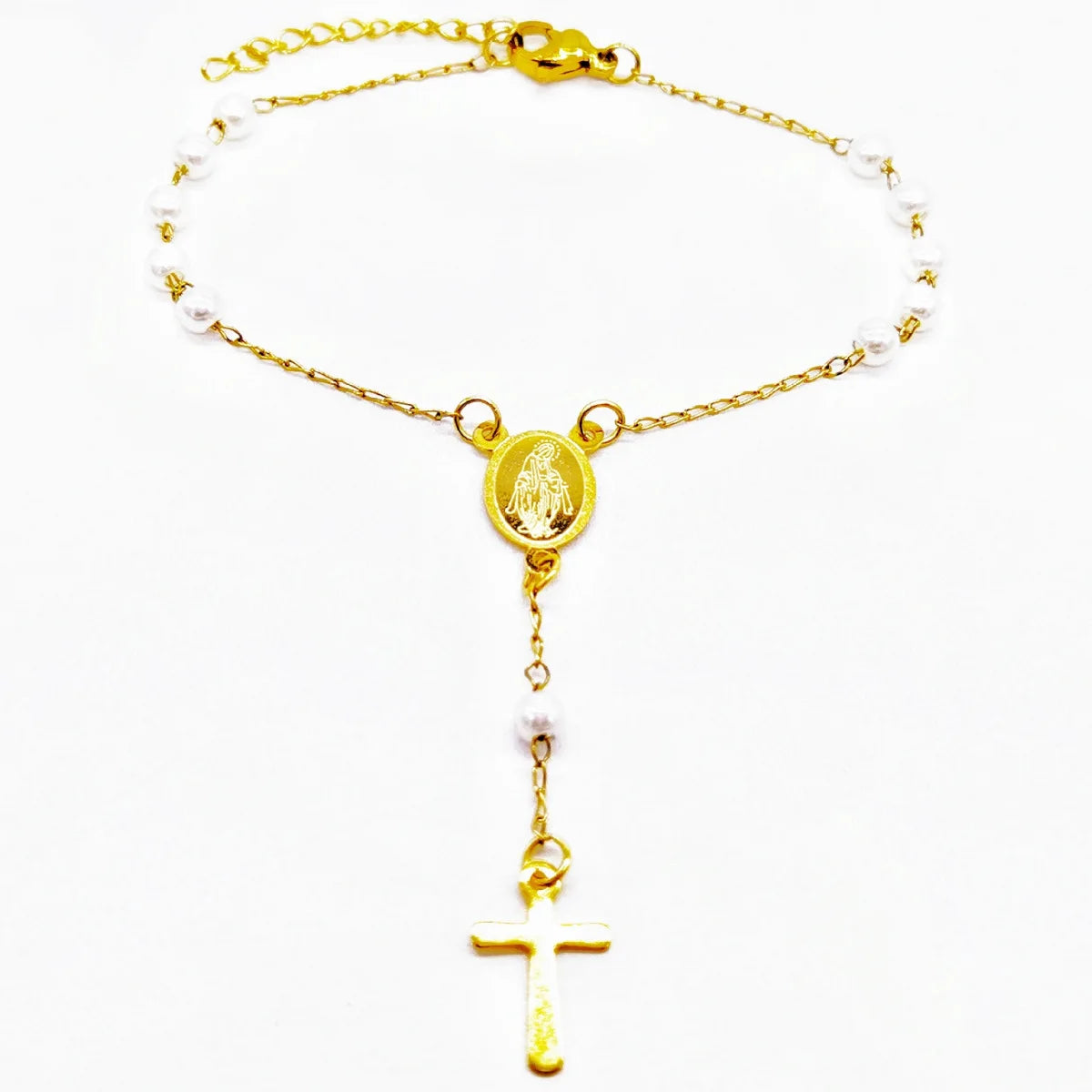 Elegant Stainless Steel Imitation Pearl Cross Pendant Bracelet.Rosary Bracelet | 4mm