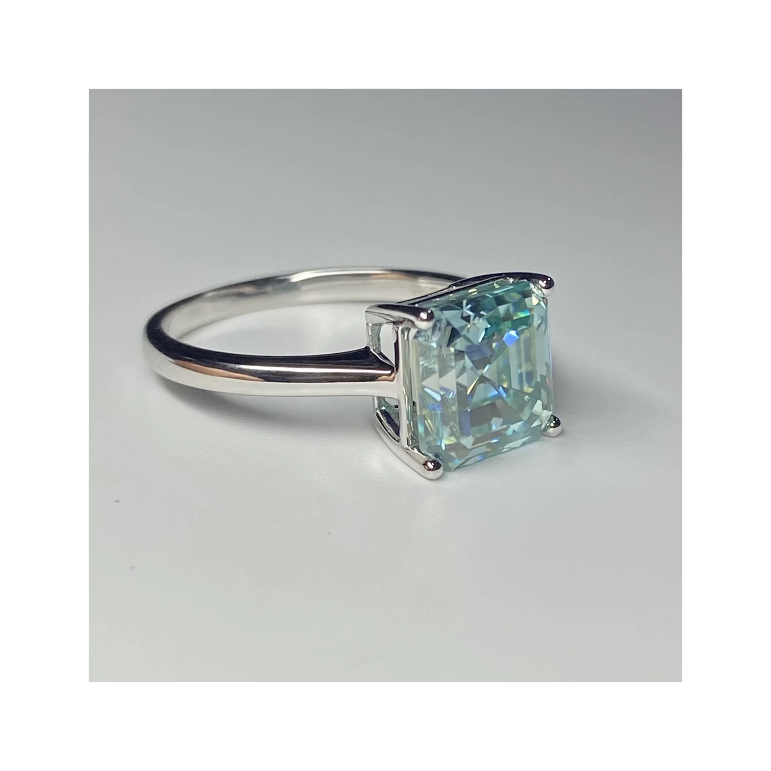 HQ GEMS Solid 14K White Gold Ring 8.5x8.5mm 3cts Light Green Blue Asscher Cut Moissanite Ring Gold Wedding Ring