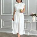 S-2XL New Fashionable and Minimalist Dresses From Europe and America Half High Neckline Waist Tied Dress Mid Length Dress