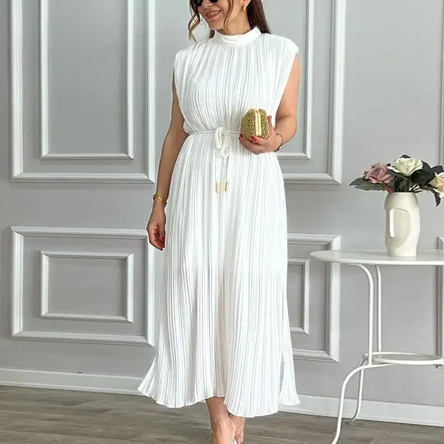 S-2XL New Fashionable and Minimalist Dresses From Europe and America Half High Neckline Waist Tied Dress Mid Length Dress