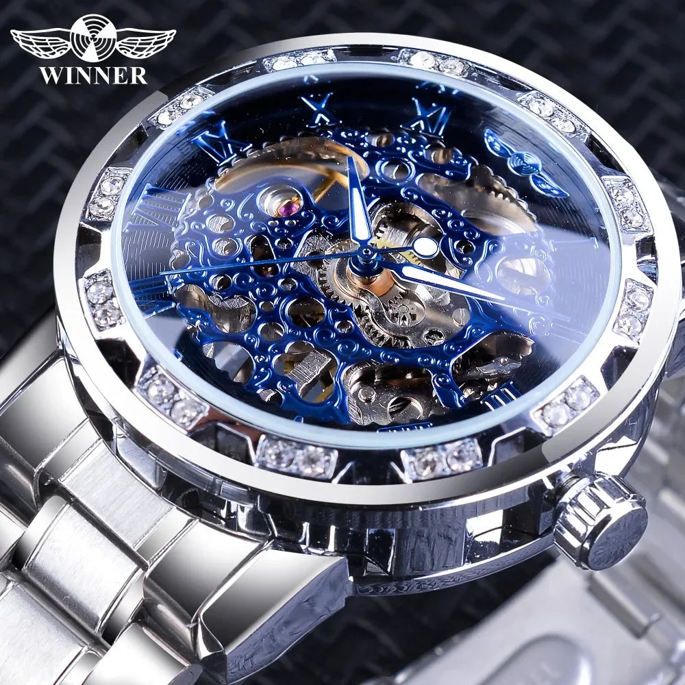 MECHANICAL WATCH Winner Blue Watches Design Men's Mechanical Wrist Clock Male Luminous Hands Silver Stainless Steel