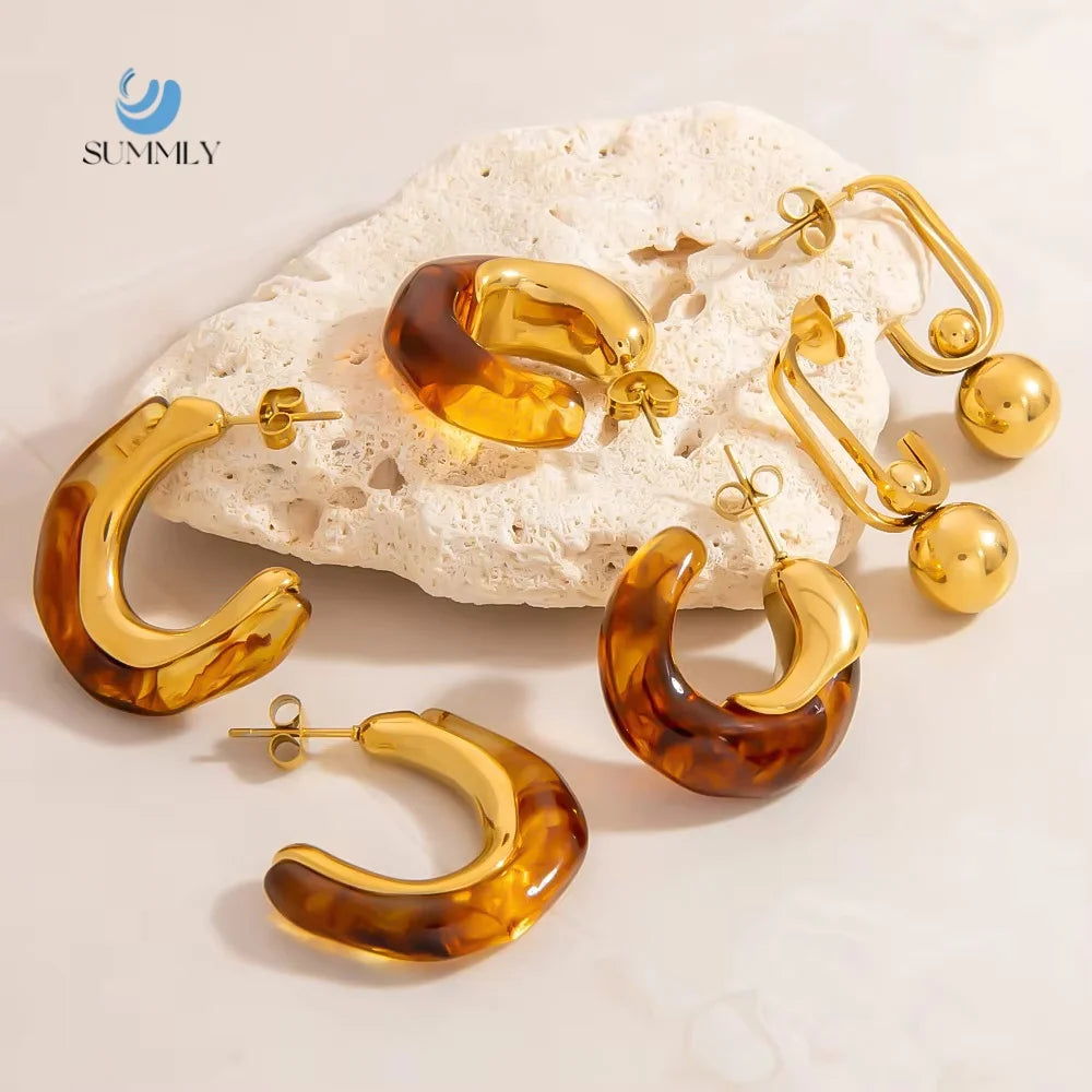 SUMMLY Trend Personalized Geometric 18K Gold Plated Stainless Steel Glass Non-fading Earrings Accessories Fashion Jewelry