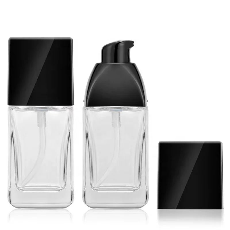 Wholesale 30ml Glass Liquid Foundation Make-Up Bottle with Black Square Pump Cap for Skin Care Serum Face Masks Shampoo