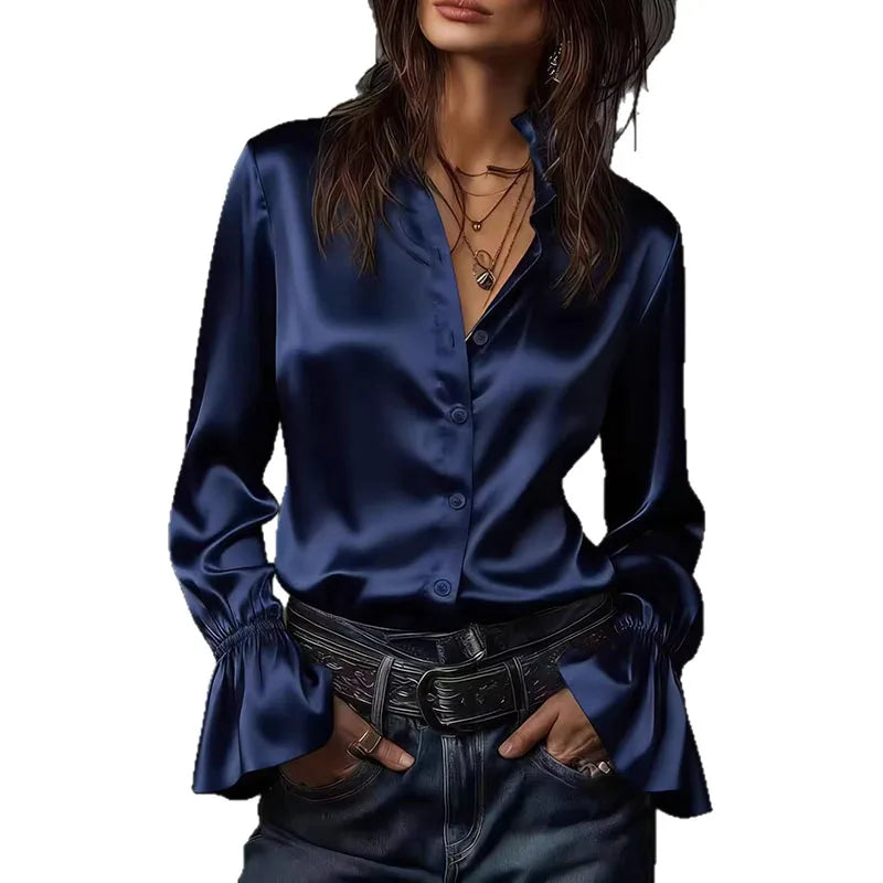 RNSHANEGR Fashion Women's Casual Shirts Elegant Satin Flare Sleeved Solid Color Shirt Elegant Navy Stand Collar Ladies Shirts