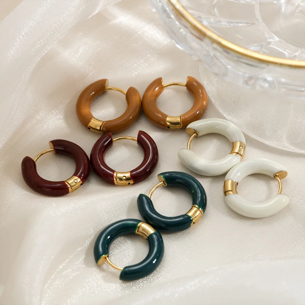 Waterproof Tarnish Free Hypoallergenic Jewelry 18k Gold Plated Stainless Steel Colorful Enamel Small Huggie Hoop Earrings