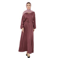 Ramadan Modest Dress for Women Silky Satin Belted Abaya Maxi Kaftan Muslim Fashion from Dubai Turkey Arabic Influenced Styles