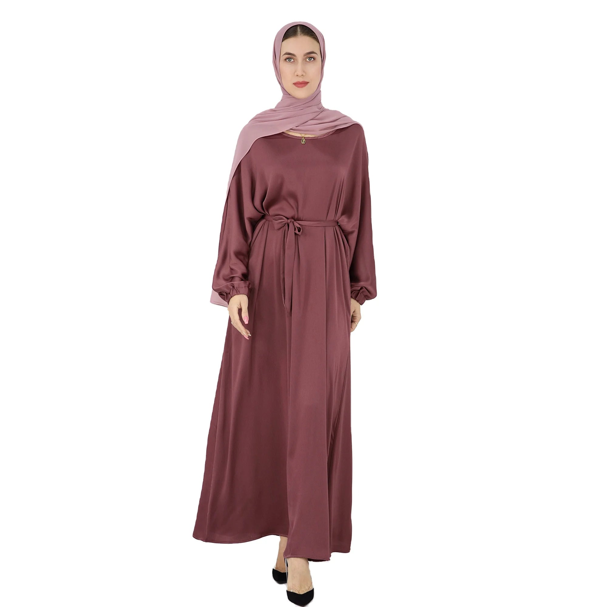 Ramadan Modest Dress for Women Silky Satin Belted Abaya Maxi Kaftan Muslim Fashion from Dubai Turkey Arabic Influenced Styles