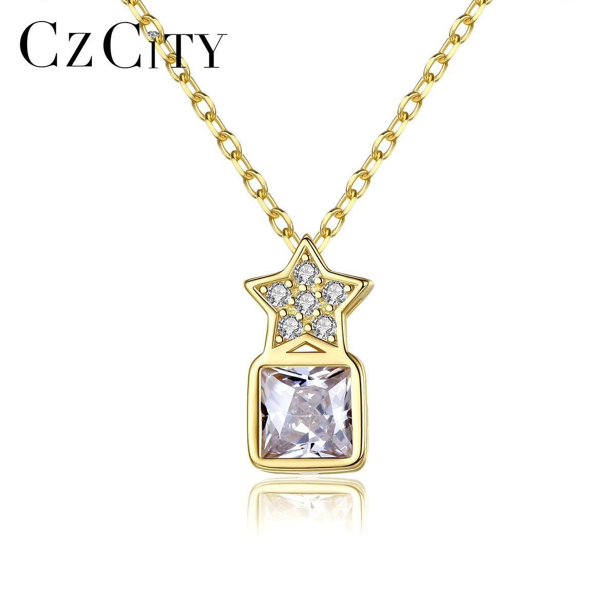 CZCITY Fine Jewelry Designer Fashion 2026 Trendy Woman Gold Plated Vintage Square Star Necklace Charm