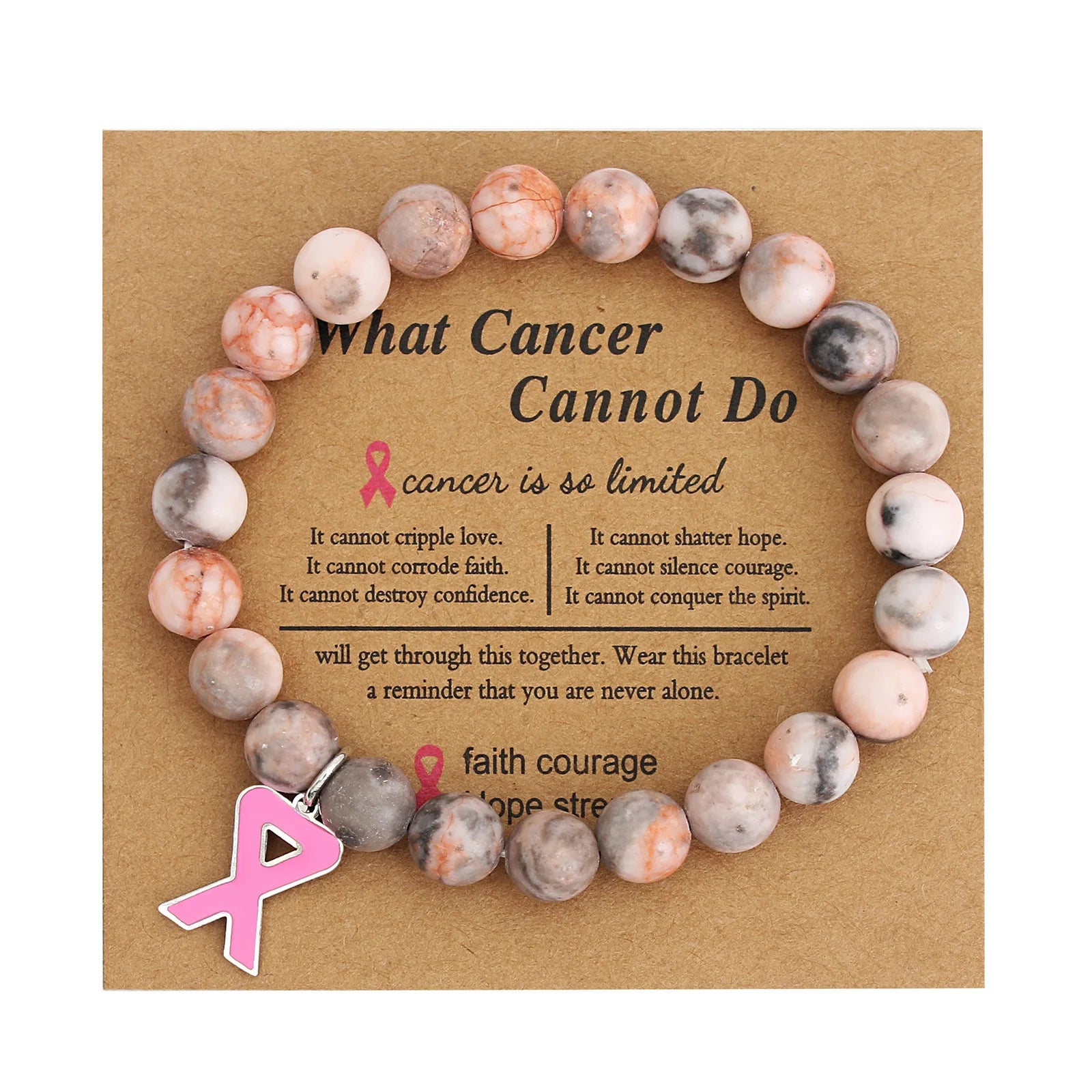 1PC/Card Natural Stone Beads Pink Ribbon Bracelets Courage Strength Cancer Awareness Bracelets Women Jewelry