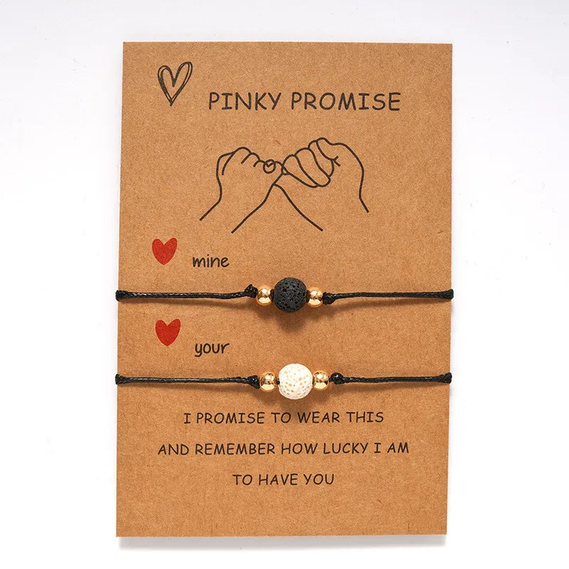 Hot Design Pinky Promise Bracelet Jewelry Gift 2Pcs Black and White Natural Lava Stone Couple Bracelet With Wish Card