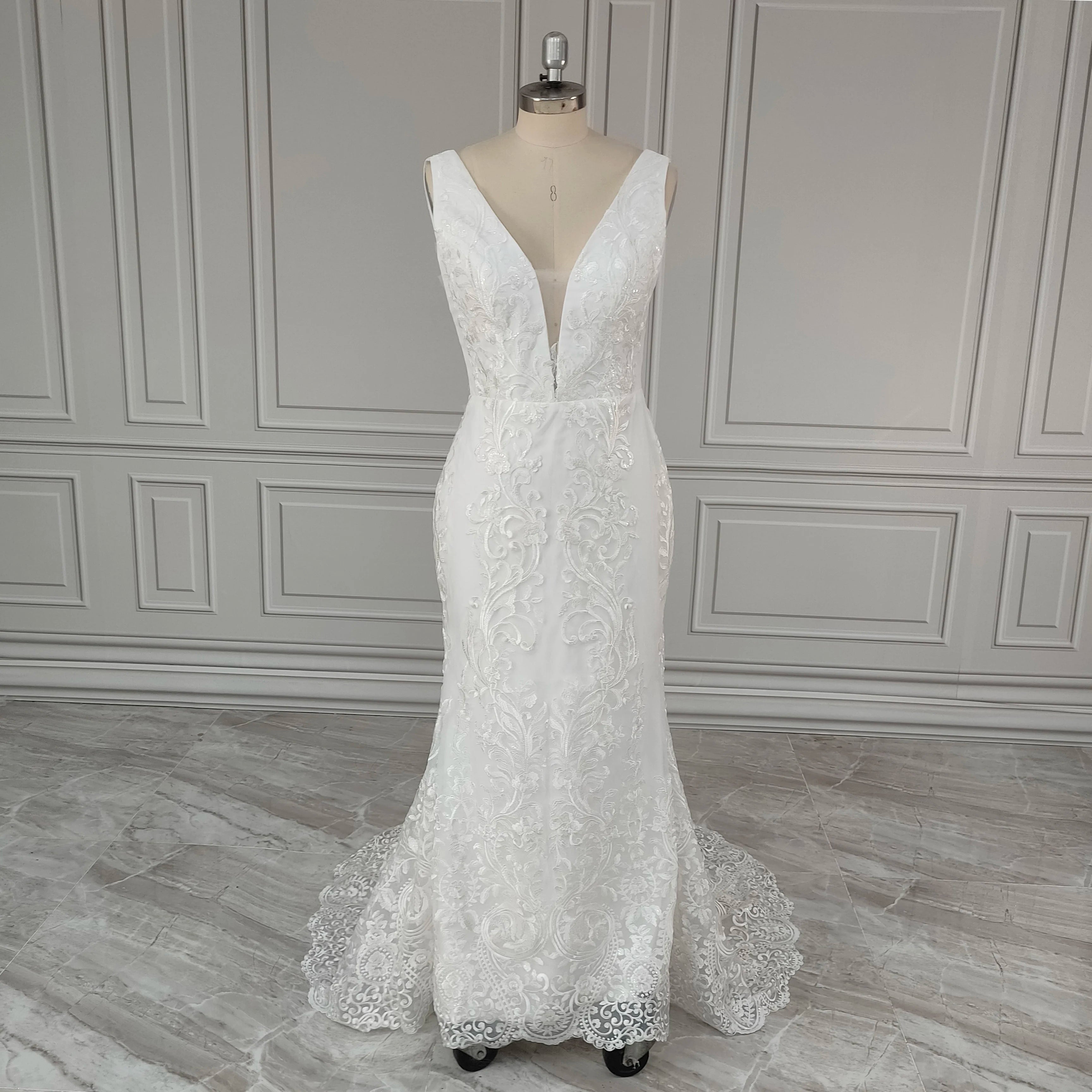 Real Photos V-neck Appliques Sequined Lace Mermaid Wedding Dress Elegant Backless Bride Gown for Women Vestidos De Novia