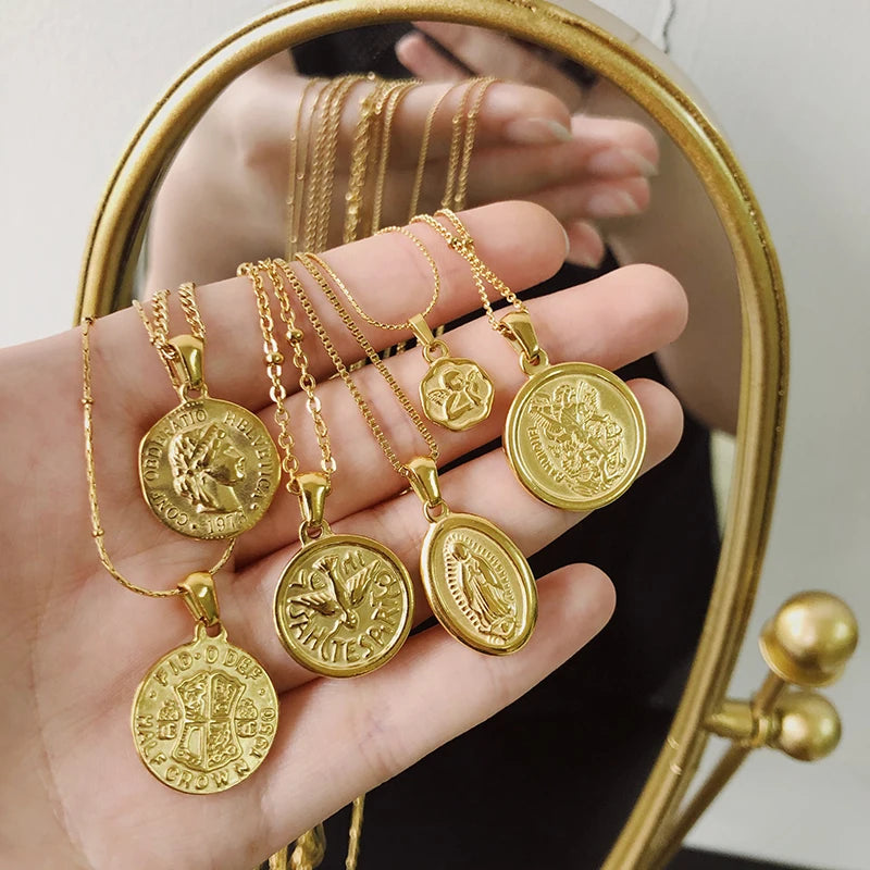 Moge Wholesale Women's Retro Queen Figure Coin Cross Heart Angel Pendant Accessories Necklace Charms for Jewelry Making