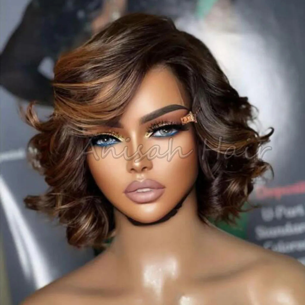 Glueless Highlight Short bob Wigs Human Hair Lace Front Pixie Cut hd Transparent Lace Human Hair Wigs for Black Women