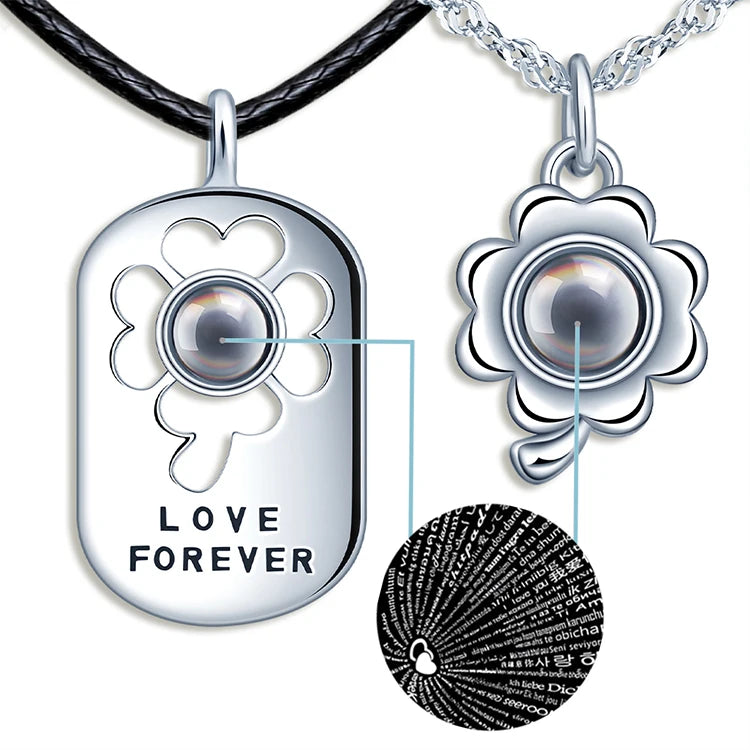 Lucky Clover I Love You Necklace 100 Languages Sterling Silver Couple Projection Necklace