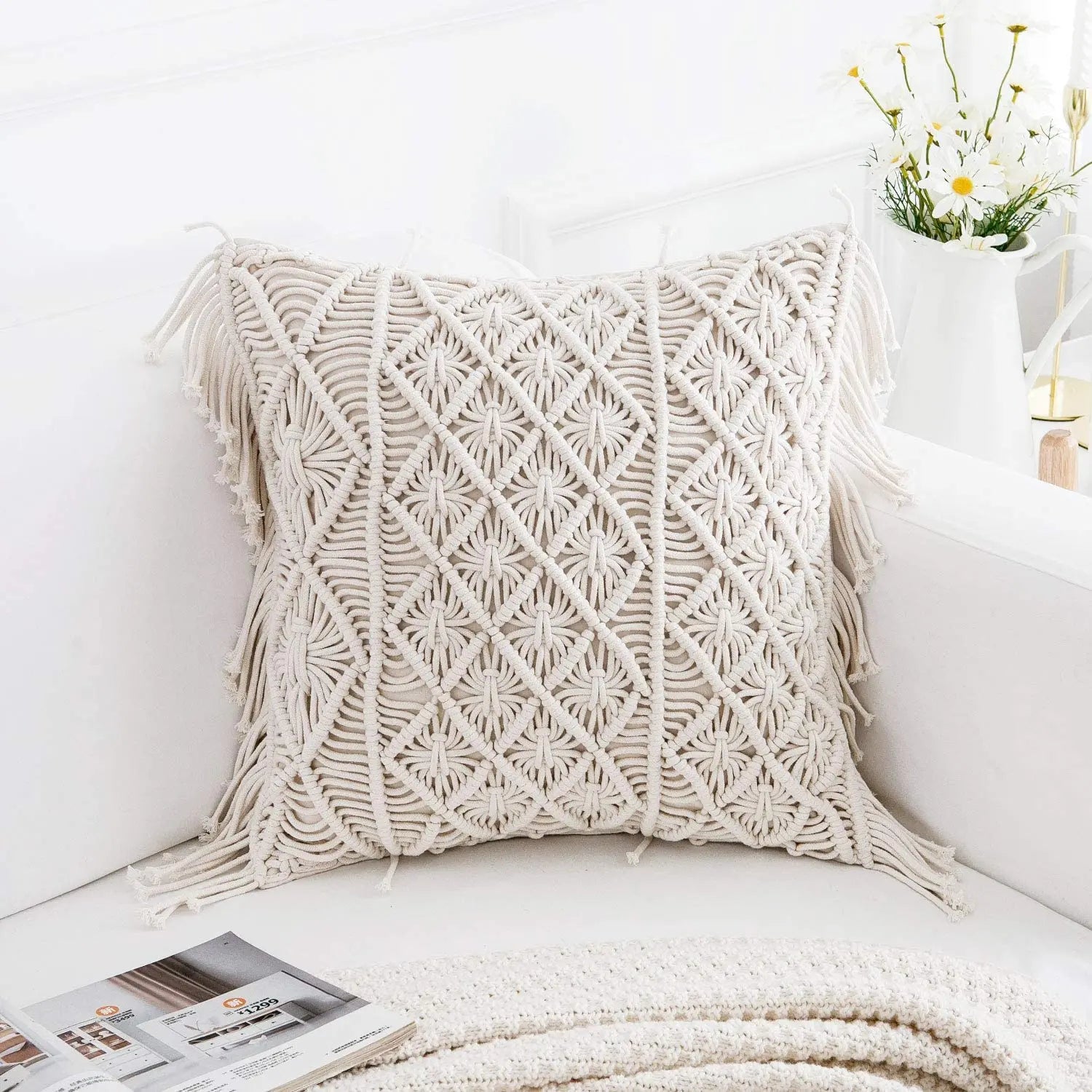 Macrame Cushion Woven Home Decorative Cushion Cover With Tassels Cotton Rope Handmade Macrame Pillow Decor Throw Pillow Cover