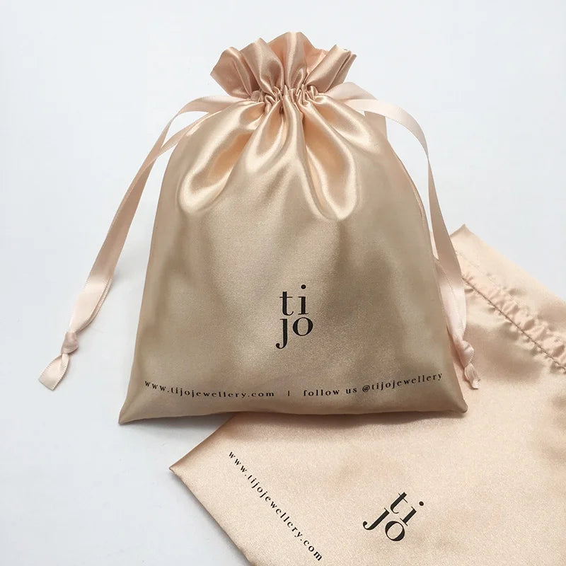 Wholesale Custom Logo Printing Golden Satin Jewelry Container Drawstring Bag for Earrings & Rings for Gifts