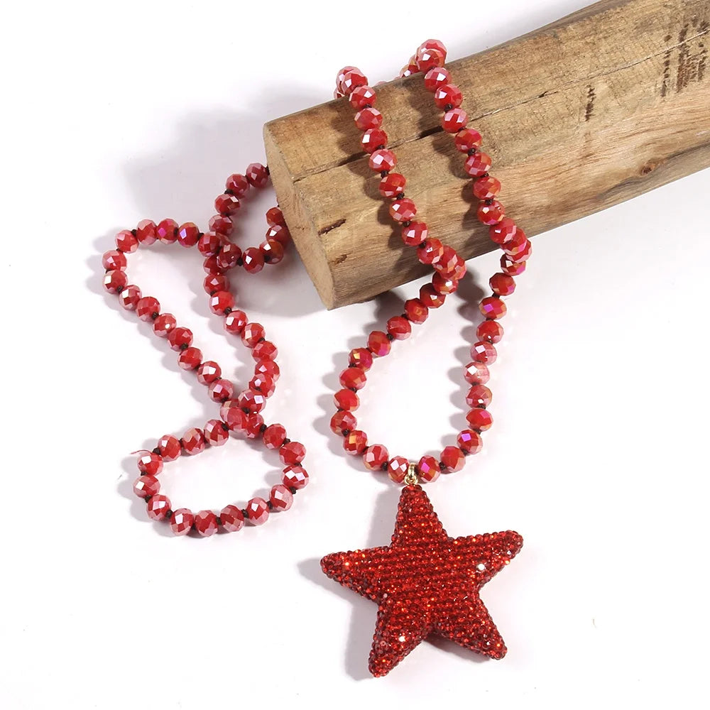 Fashion Women Jewelry 8mm Knotted Crystal Glass Necklace Shiny Rhinestone Clay Star Pendant Necklace