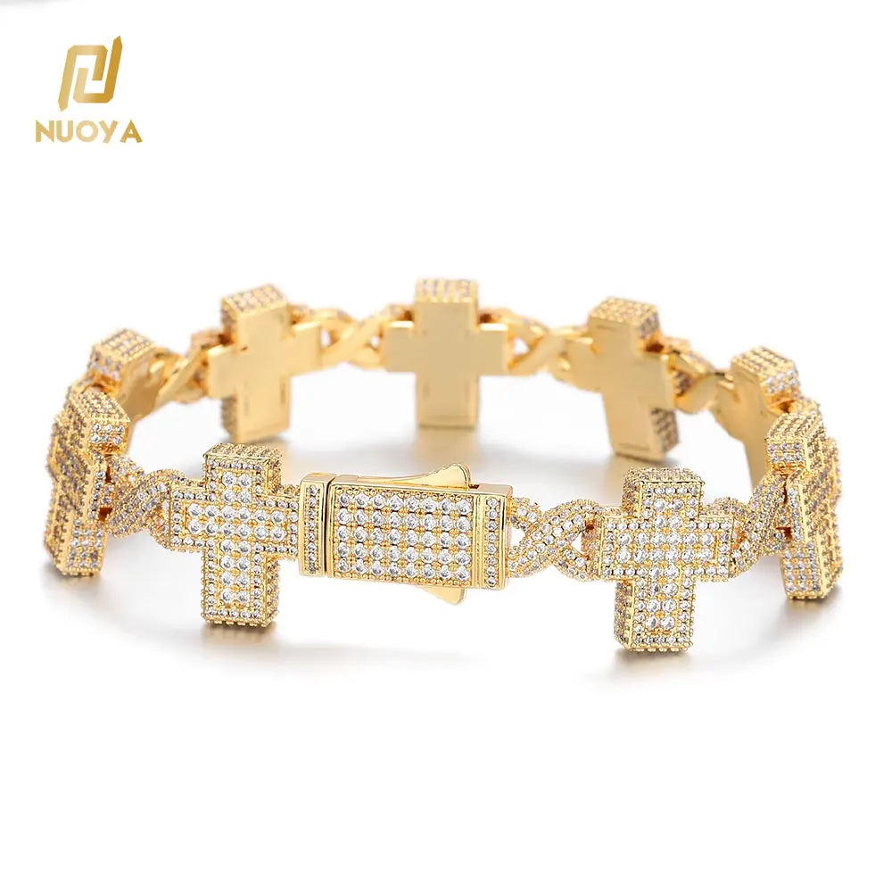 NUOYA New Design Iced Out Cross Bracelet Women's Hip Hop Jewelry Gold Plated Brass Full Diamond Cross Link Chain Bracelet