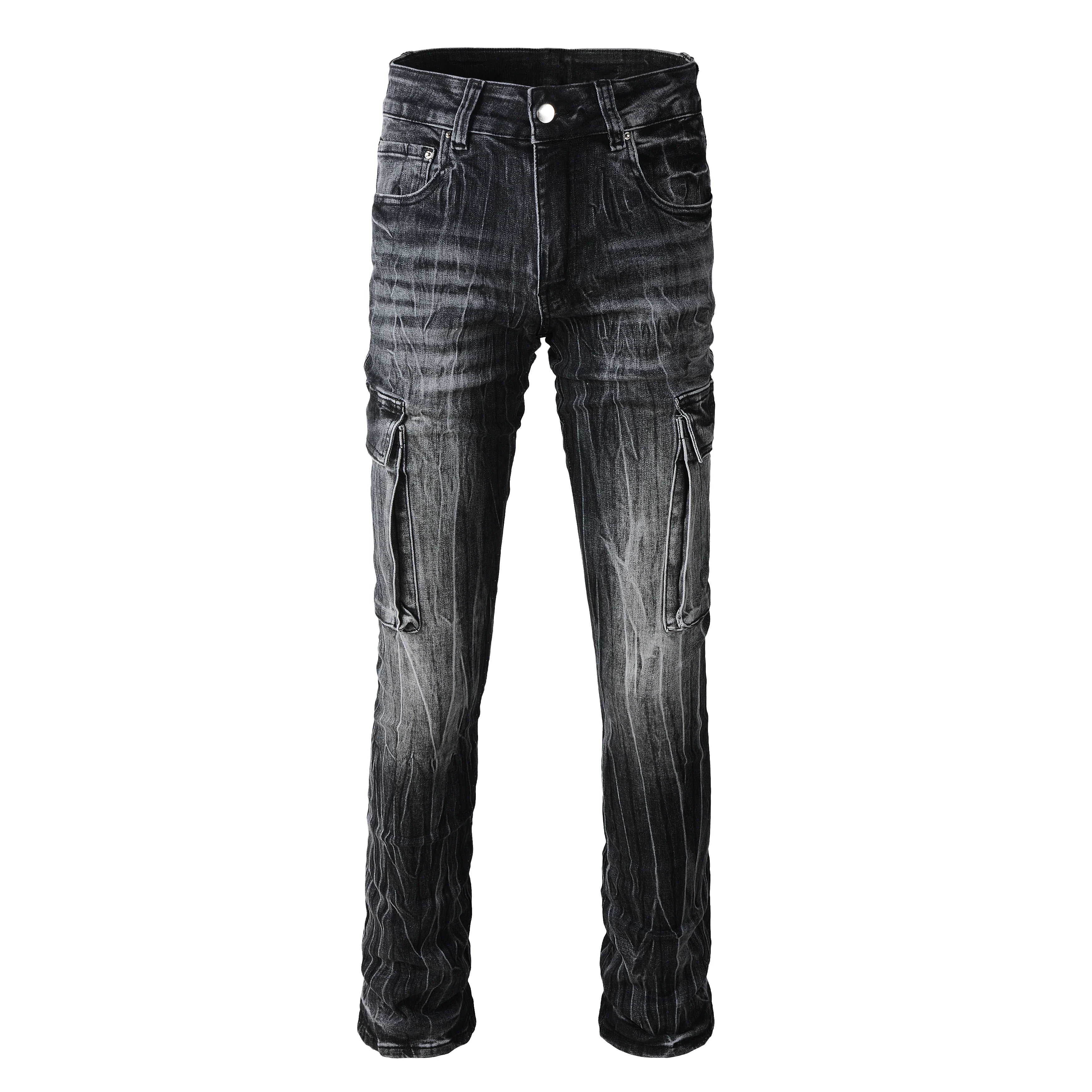 Wholesale Black Vintage Winter Washed Cargo Denim Men's Jeans Fashion High Streetwear Stacked Plus Size Baggy Flared Wide Leg