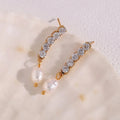 Dreamshow Shining Zircon Chain Drop Earring Fresh Water Pearl Stud Earring for Women 18k Gold Plated Stainless Steel Earring