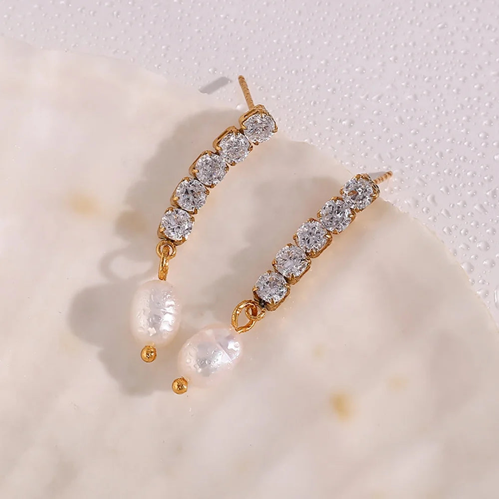 Dreamshow Shining Zircon Chain Drop Earring Fresh Water Pearl Stud Earring for Women 18k Gold Plated Stainless Steel Earring