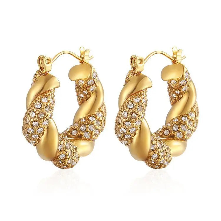 Wholesale Hypoallergenic Waterproof Gold Plated Stainless Steel Women Luxury Fashion Jewelry Zircon Diamonds Hoop Earrings