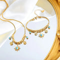 Vintage Stainless Steel 18k Gold Plated Sun Pendant Turquoise Charm Necklace for Women Retro Jewelry Collier En Acier Inoxydable