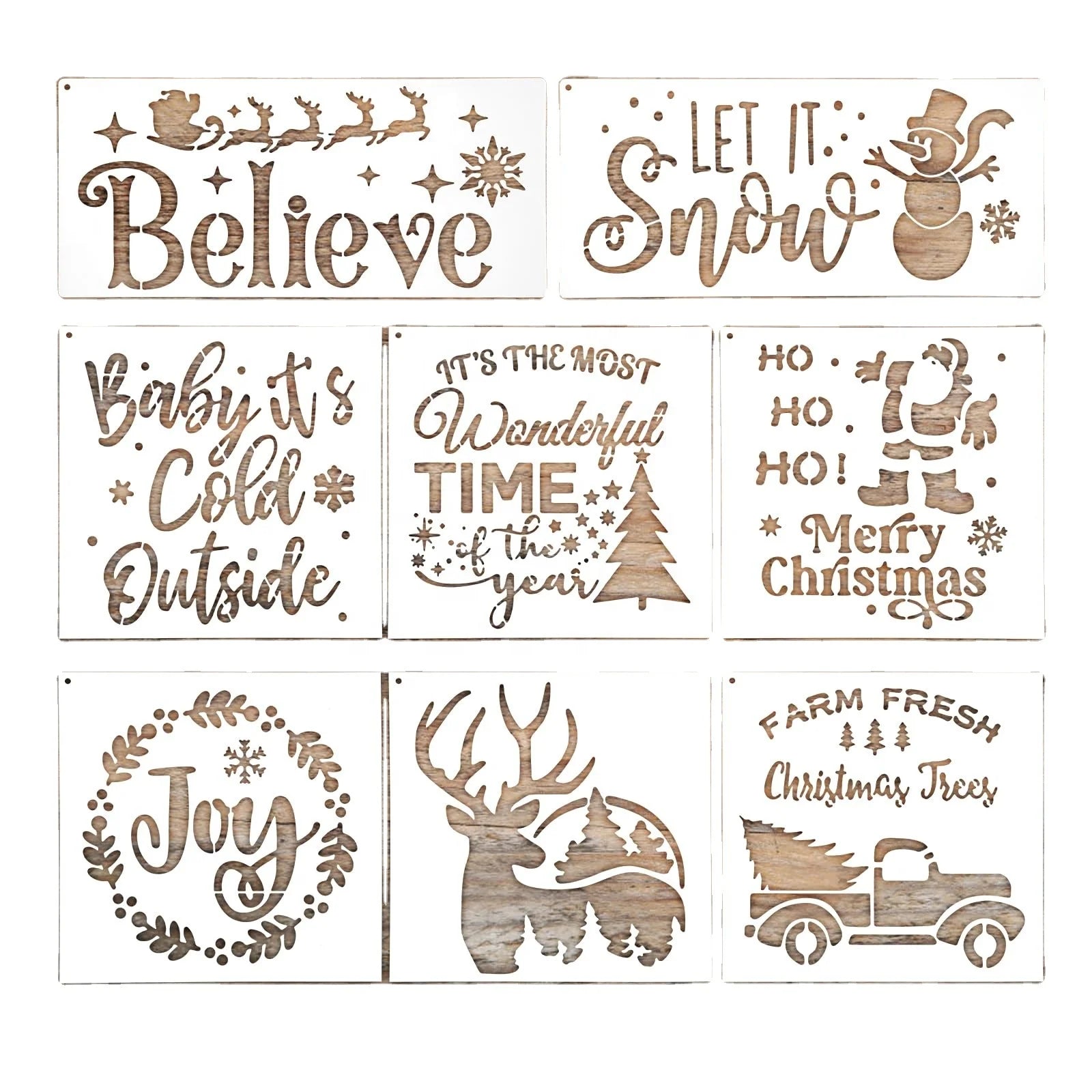 8pcs Christmas Sign Stencils Cute Truck Snowman Santa Claus Winter Holiday Ornament Christmas Templates for Crafts Wood